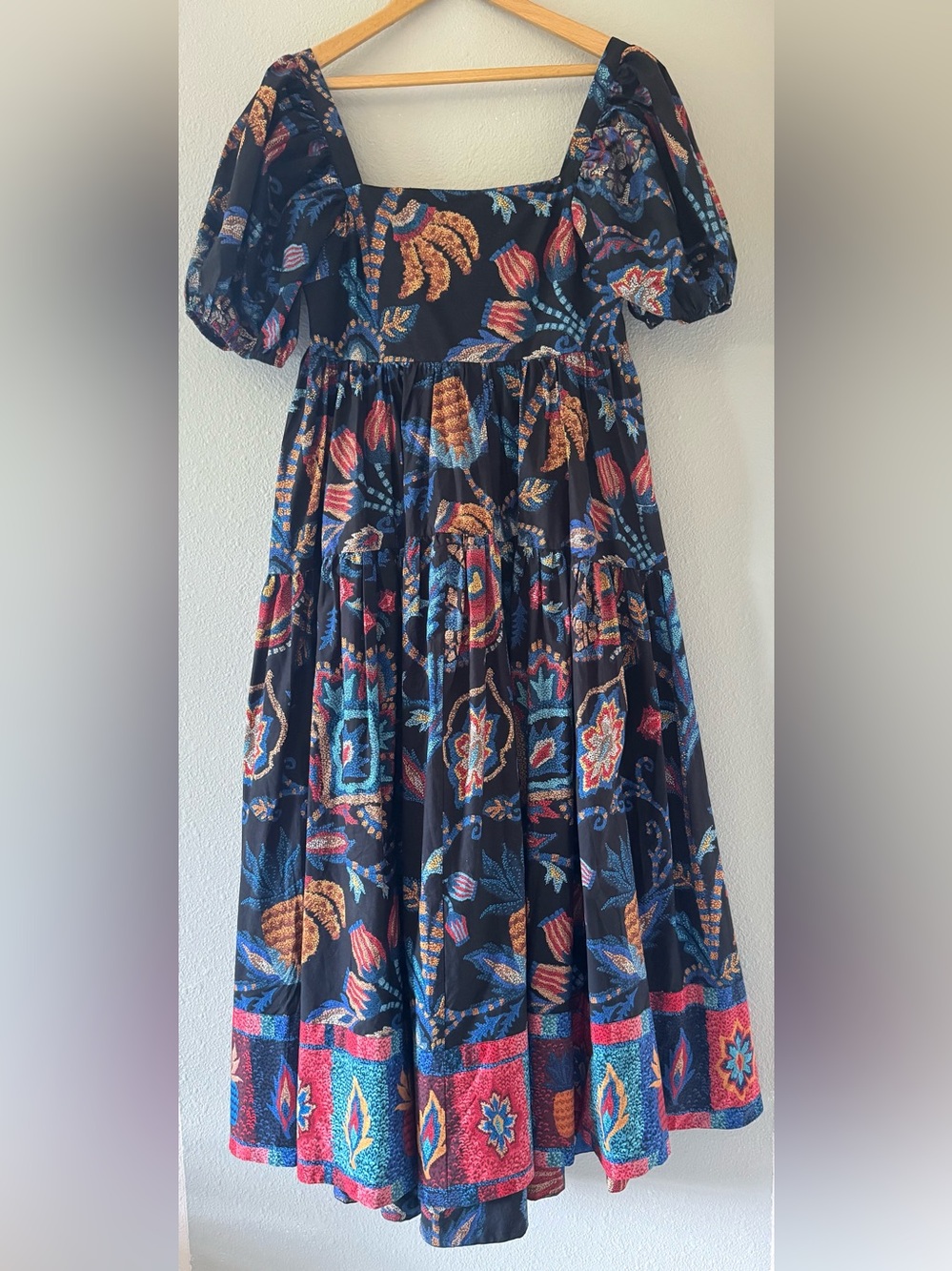 Anthro Farm Rio Black Pineapple Tiered Puff Sleeve Maxi Dress Pockets Size Large